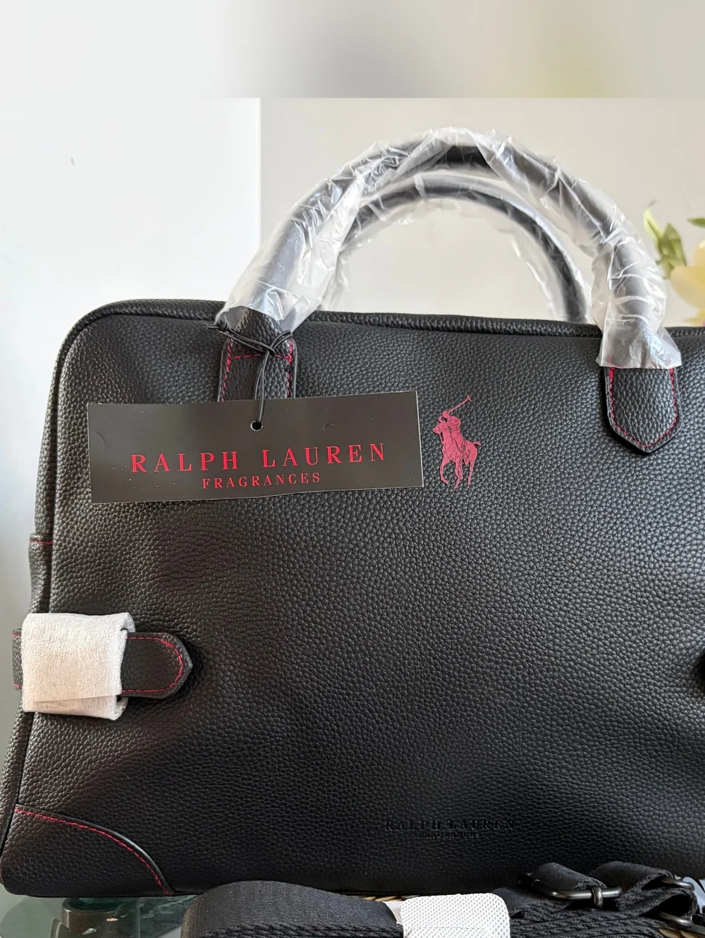 Ralph Lauren Black Leather Messenger with Red Logo Accent